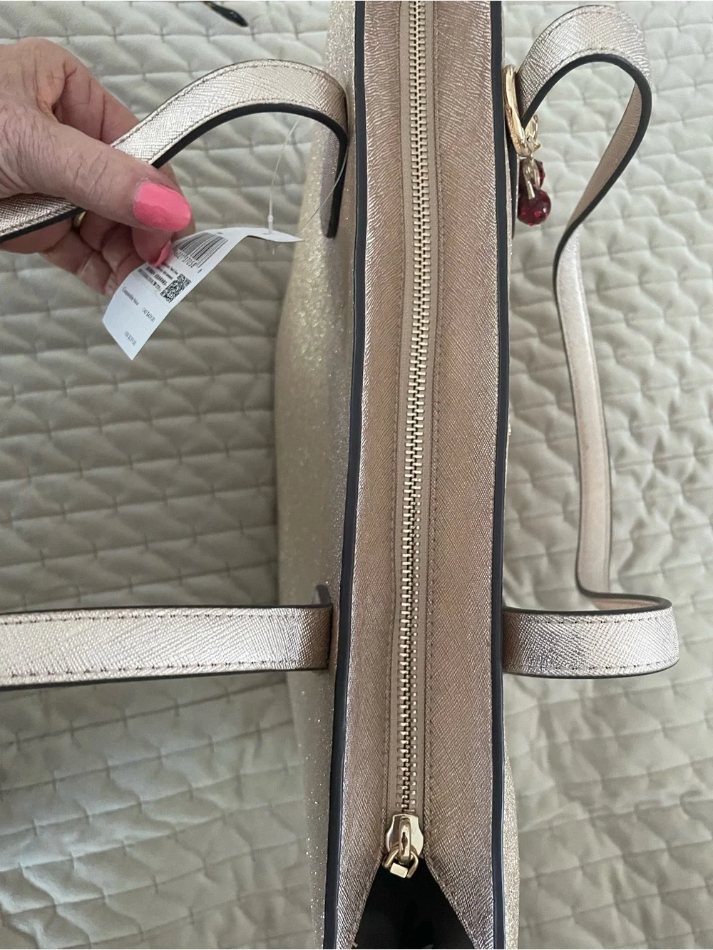 kate spade Metallic Champagne Glitter Tote with Cherry Charm